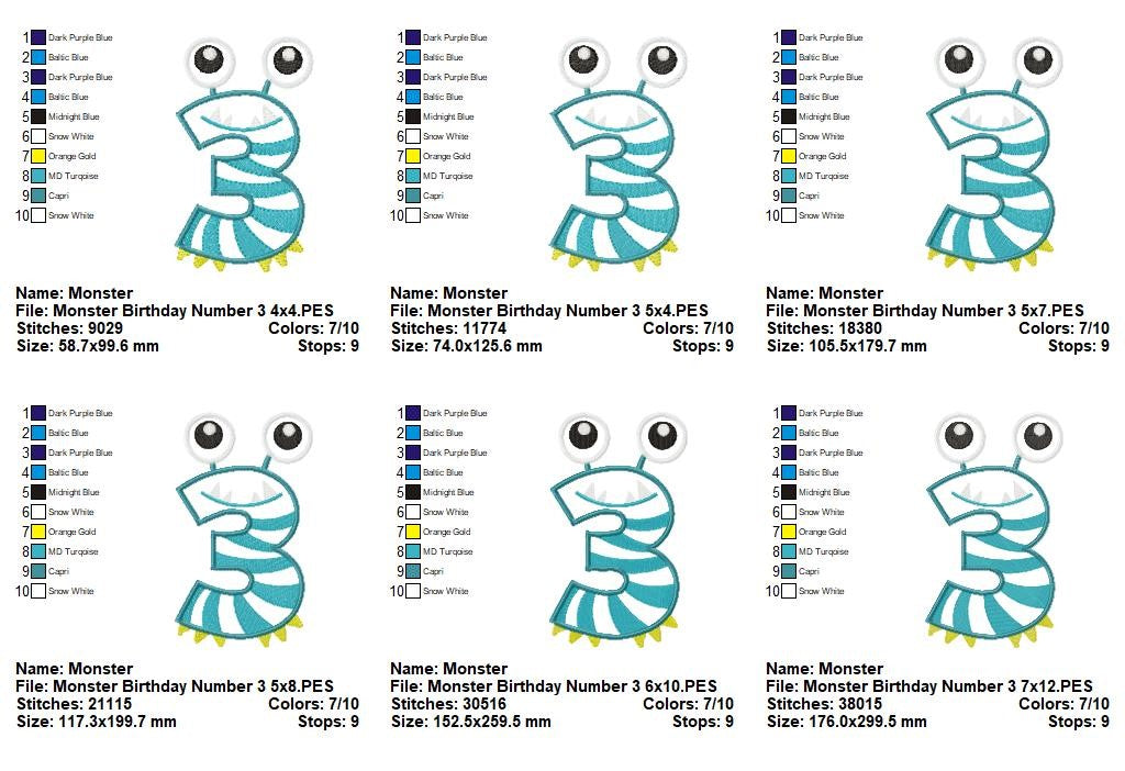 Monster Birthday Numbers Collection 0–9 – Appliqué – Machine Embroidery Design