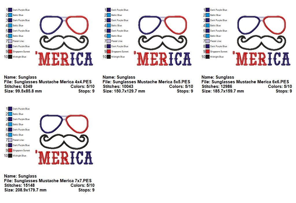 Funny ‘Merica Sunglasses & Mustache – Appliqué – Machine Embroidery Design