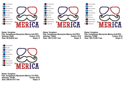Funny ‘Merica Sunglasses & Mustache – Appliqué – Machine Embroidery Design