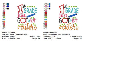 Cute 1st Grade School Quote with Apple - Appliqué - Machine Embroidery Design