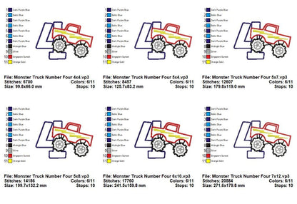 Monster Truck Number Four - Applique - Machine Embroidery Design