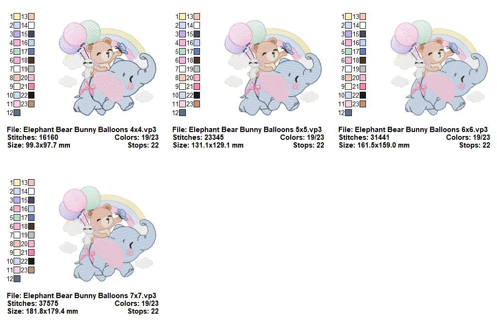 Dreamy Elephant Friends with Balloons – Fill Stitch – Machine Embroidery Design