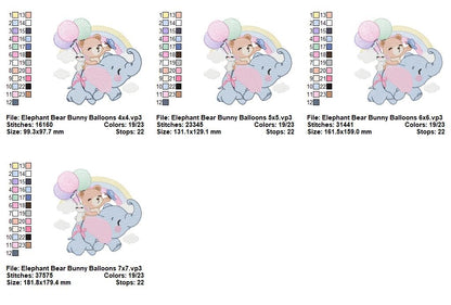 Dreamy Elephant Friends with Balloons – Fill Stitch – Machine Embroidery Design