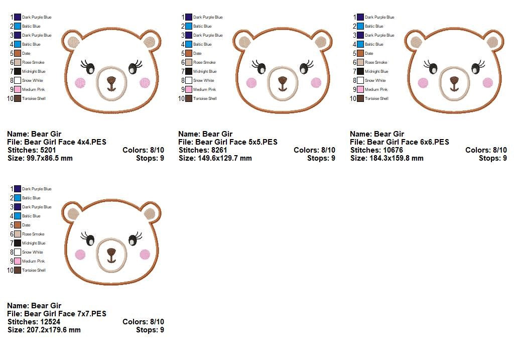 Sweet Bear Girl Face - Appliqué – Machine Embroidery Design