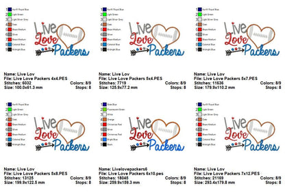 Live Love Packers Football Heart – Appliqué – Machine Embroidery Design