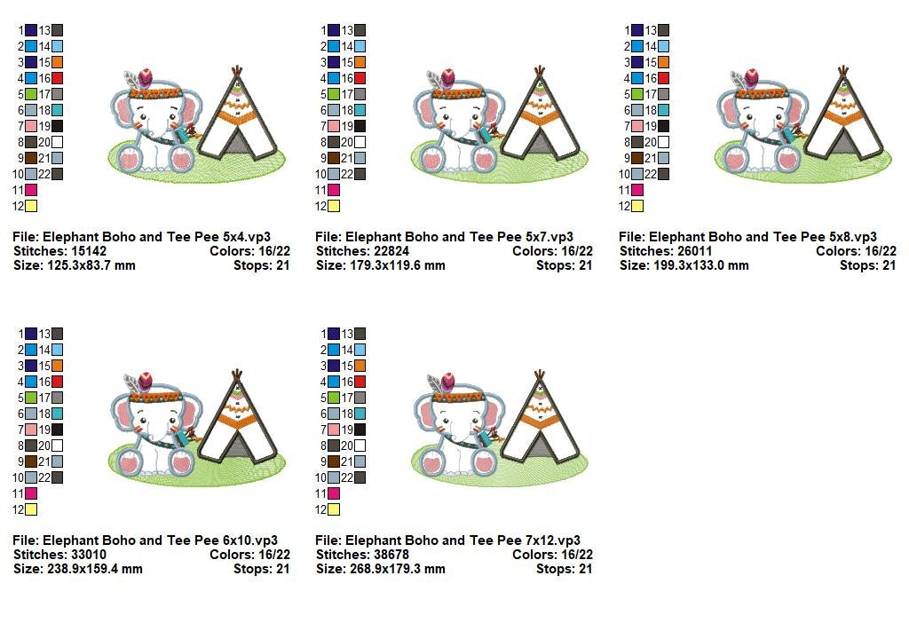 Boho Elephant and Teepee Friends – Appliqué – Machine Embroidery Design