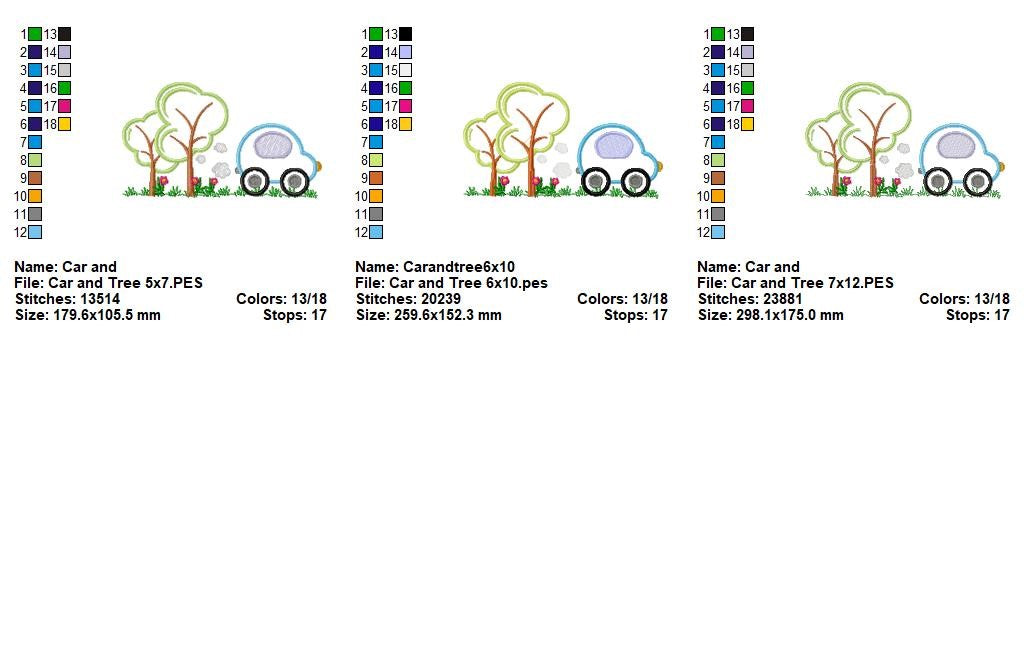 Sweet Little Car and Trees Scene - Appliqué – Machine Embroidery Design
