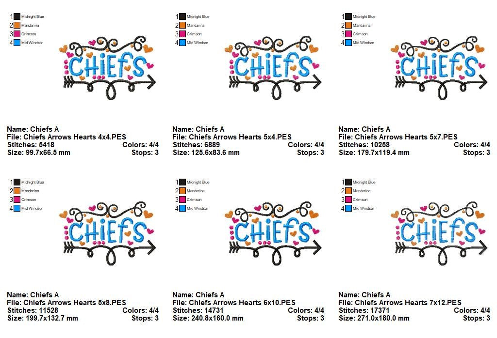 Chiefs Arrows Hearts – Satin Stitch – Machine Embroidery Design