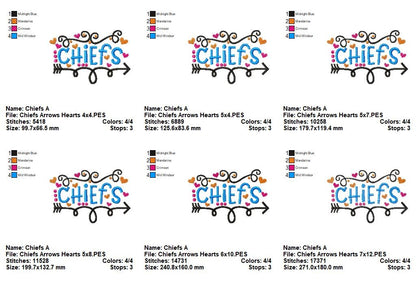 Chiefs Arrows Hearts – Satin Stitch – Machine Embroidery Design