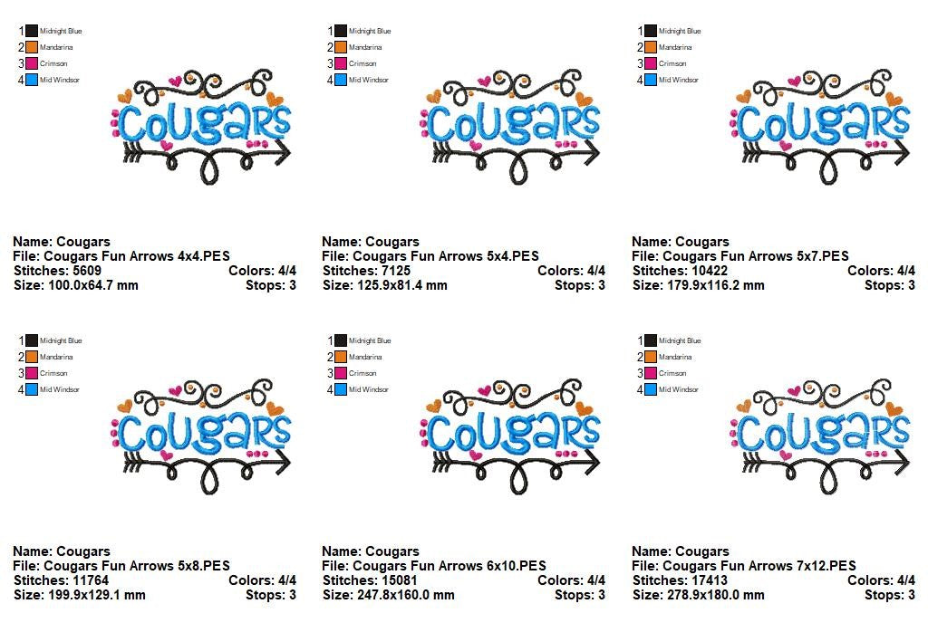 Cougars Fun Arrows - Satin Stitch - Machine Embroidery Design