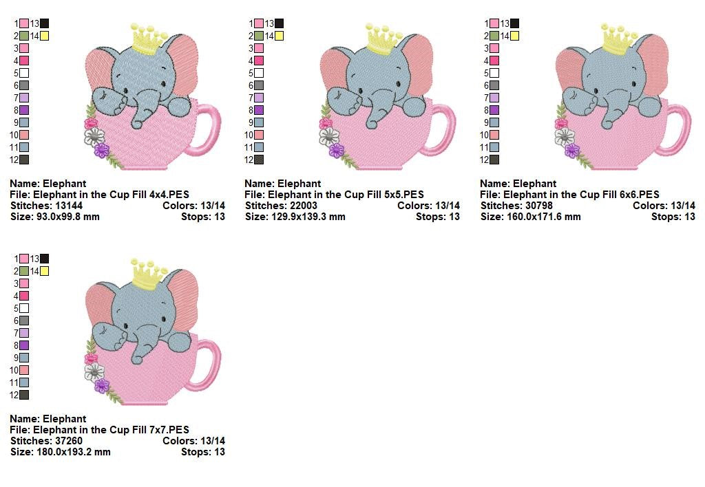 Prince Elephant Teacup - Fill Stitch - Machine Embroidery Design