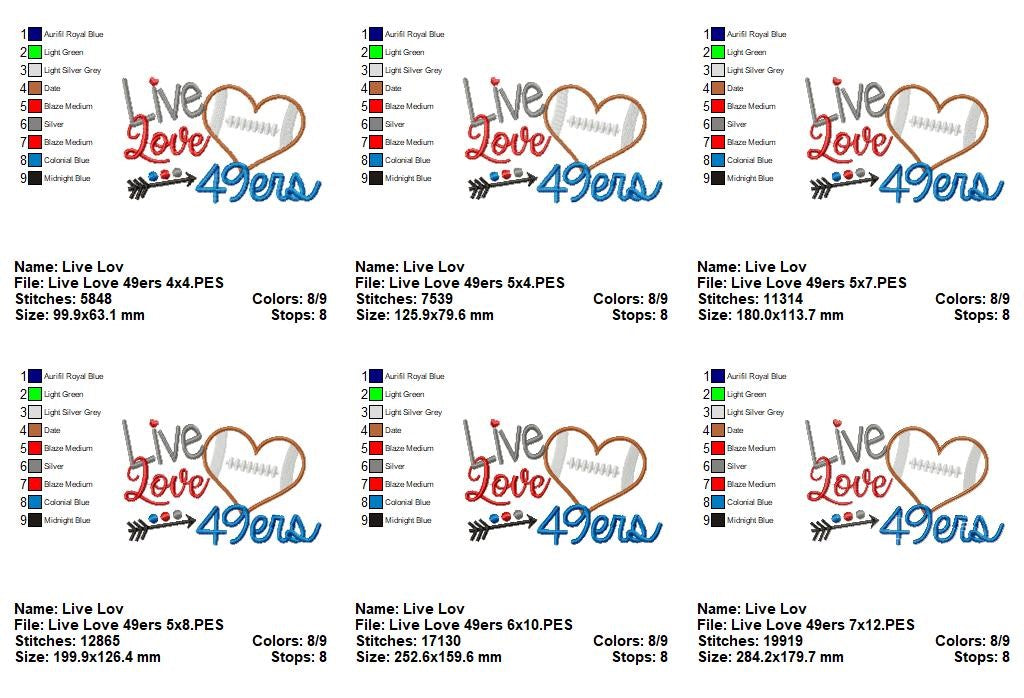 Live Love 49ers Appliqué – Football Heart – Machine Embroidery Design