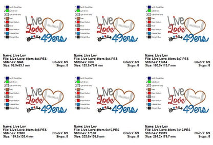 Live Love 49ers Appliqué – Football Heart – Machine Embroidery Design