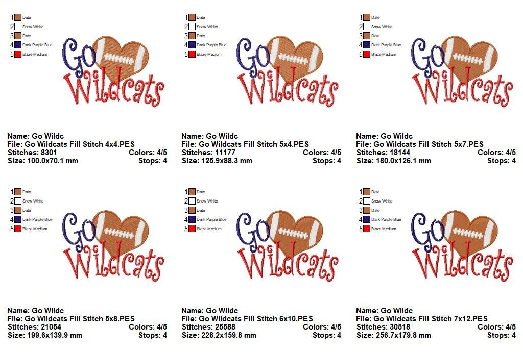 Go Wildcats Football Heart – Fill Stitch – Machine Embroidery Design