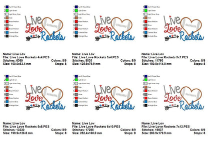 Live Love Rockets Football Heart - Appliqué - Machine Embroidery Design