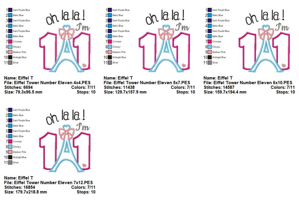 Paris Eiffel Tower Eleven Birthday - Appliqué - Machine Embroidery Design