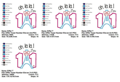 Paris Eiffel Tower Eleven Birthday - Appliqué - Machine Embroidery Design