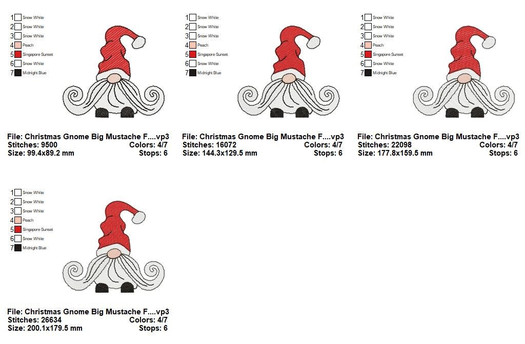 Curly Mustache Christmas Gnome - Fill Stitch - Machine Embroidery Design