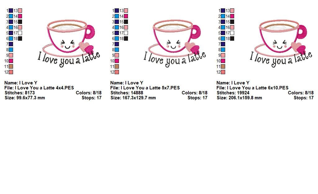 I Love You a Latte Mug – Appliqué – Machine Embroidery Design