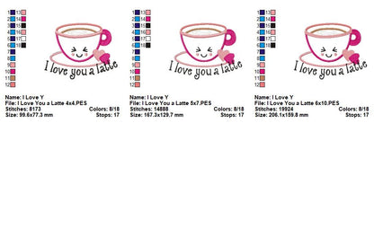 I Love You a Latte Mug – Appliqué – Machine Embroidery Design