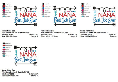 Nana Best Job Ever – Satin Stitch – Machine Embroidery Design