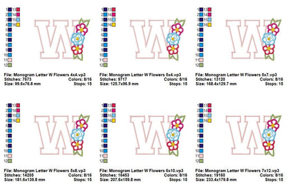 Floral Letter W Monogram - Appliqué - Machine Embroidery Design