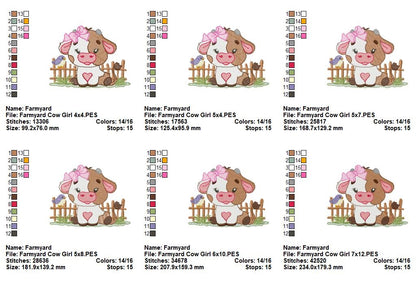 Adorable Farm Girl Cow in Front of Fence - Fill Stitch - Machine Embroidery Design