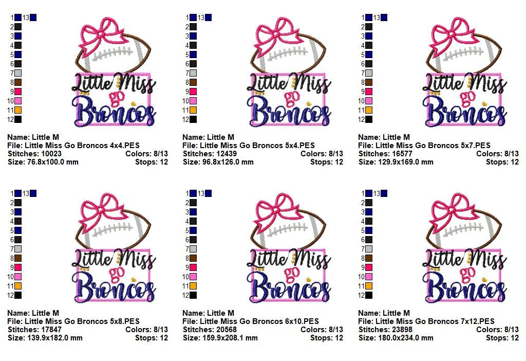 Little Miss Go Broncos – Appliqué – Machine Embroidery Design