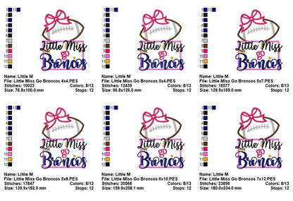 Little Miss Go Broncos – Appliqué – Machine Embroidery Design
