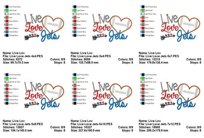 Go Jets Football Heart – Appliqué – Machine Embroidery Design