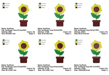 Sunny Sunflower in Pot - Fill Stitch - Machine Embroidery Design