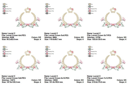 Enchanted Laurel Wreath with Crown and Fluttering Friends – Fill Stitch – Machine Embroidery Design