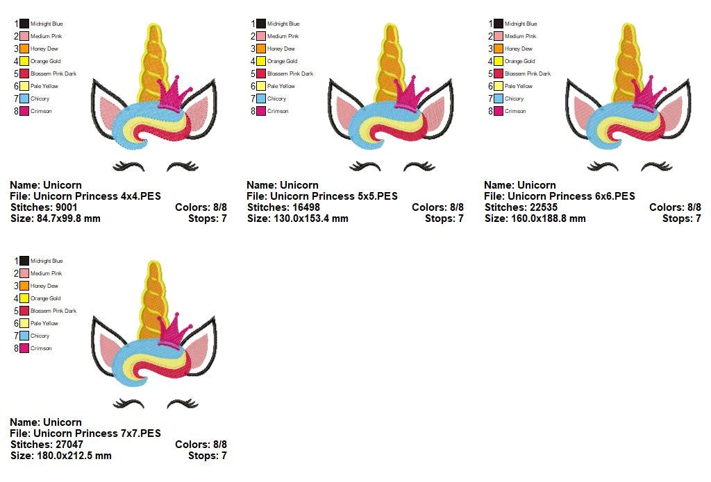 Unicorn Princess Face – Fill Stitch – Machine Embroidery Design