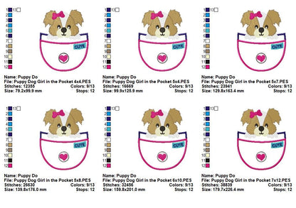 Puppy Girl in the Pocket - Appliqué - Machine Embroidery Design