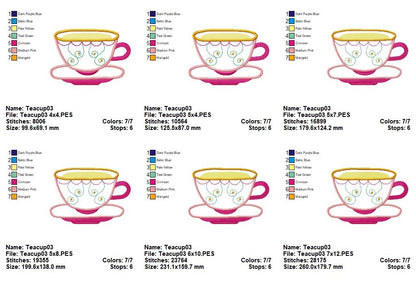 Cute 3 Teacups - Applique - Set of 3 Designs - Machine Embroidery Design