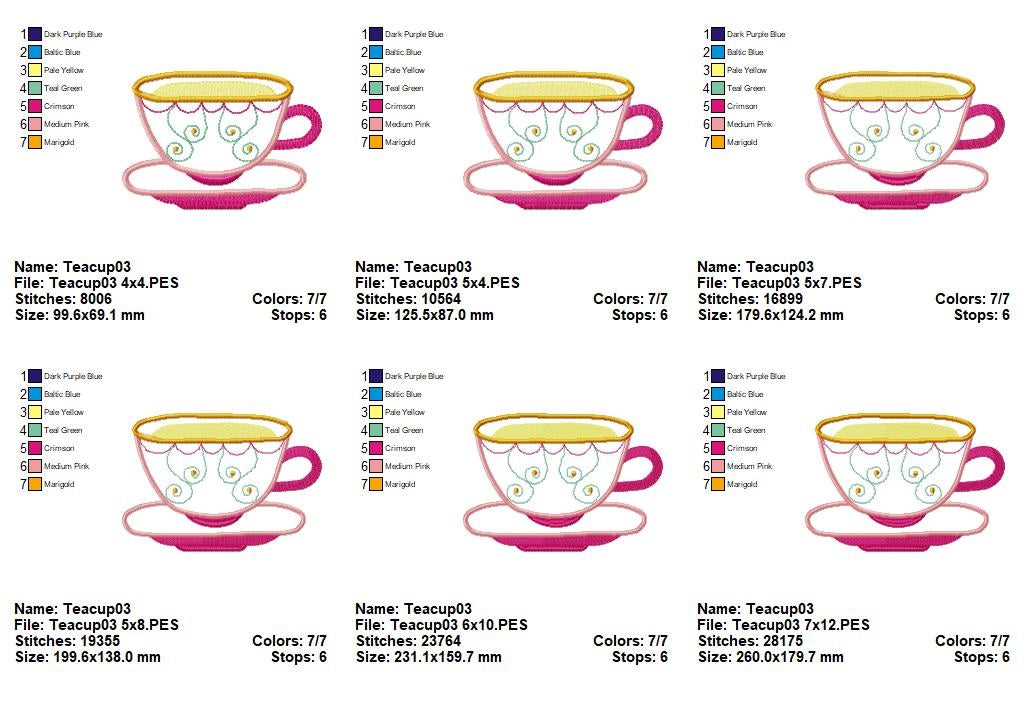 Cute 3 Teacups - Applique - Set of 3 Designs - Machine Embroidery Design