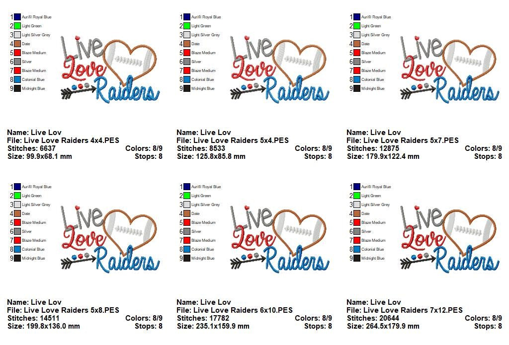 Live Love Raiders Football Heart – Appliqué – Machine Embroidery Design