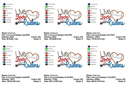Live Love Raiders Football Heart – Appliqué – Machine Embroidery Design