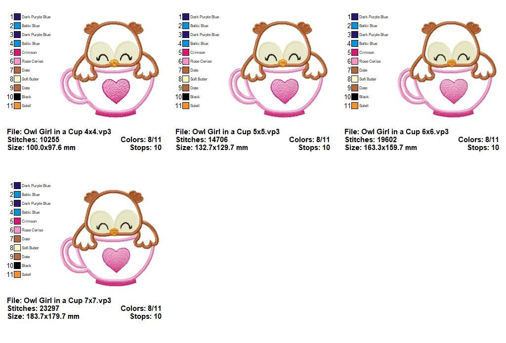 Sweet Owl Girl in Teacup – Appliqué – Machine Embroidery Design