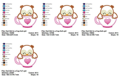 Sweet Owl Girl in Teacup – Appliqué – Machine Embroidery Design