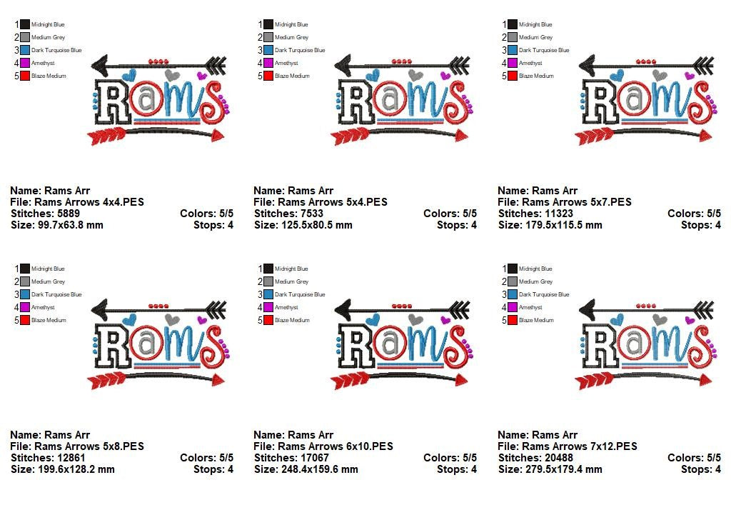 Rams Arrows Team Spirit – Satin Stitch – Machine Embroidery Design