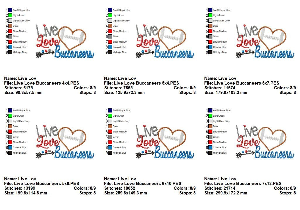Buccaneers Live Love Football Heart - Appliqué – Machine Embroidery Design