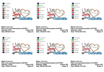 Buccaneers Live Love Football Heart - Appliqué – Machine Embroidery Design