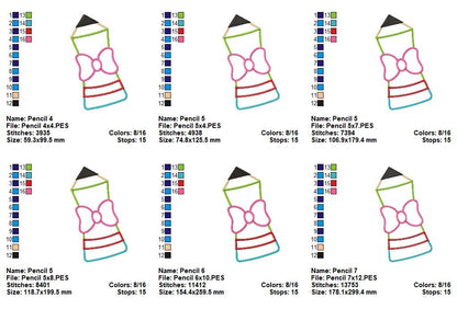 Cute School Pencil with Bow – Appliqué – Machine Embroidery Design