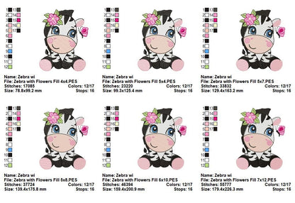 Sweet Zebra With Flowers Collection – Applique & Fill Stitch – Machine Embroidery Design
