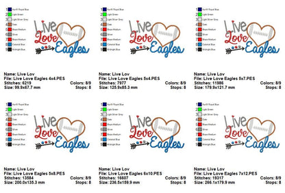 Live Love Eagles - Applique - Machine Embroidery Design