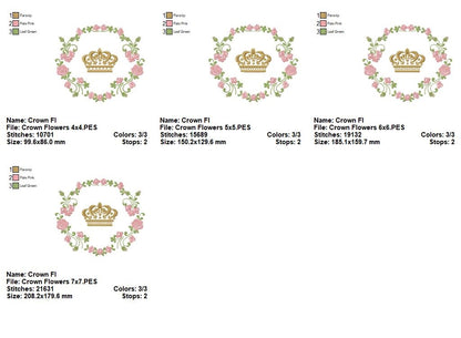 Royal Crown and Flowers Frame - Fill Stitch - Machine Embroidery Design