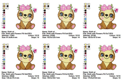Sweet Floral Sloth - Fill Stitch - Machine Embroidery Design