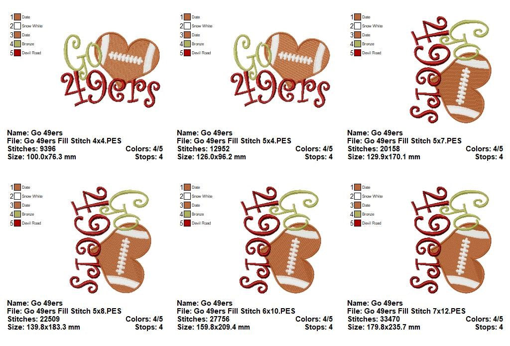 Go 49ers Football Heart – Fill Stitch – Machine Embroidery Design