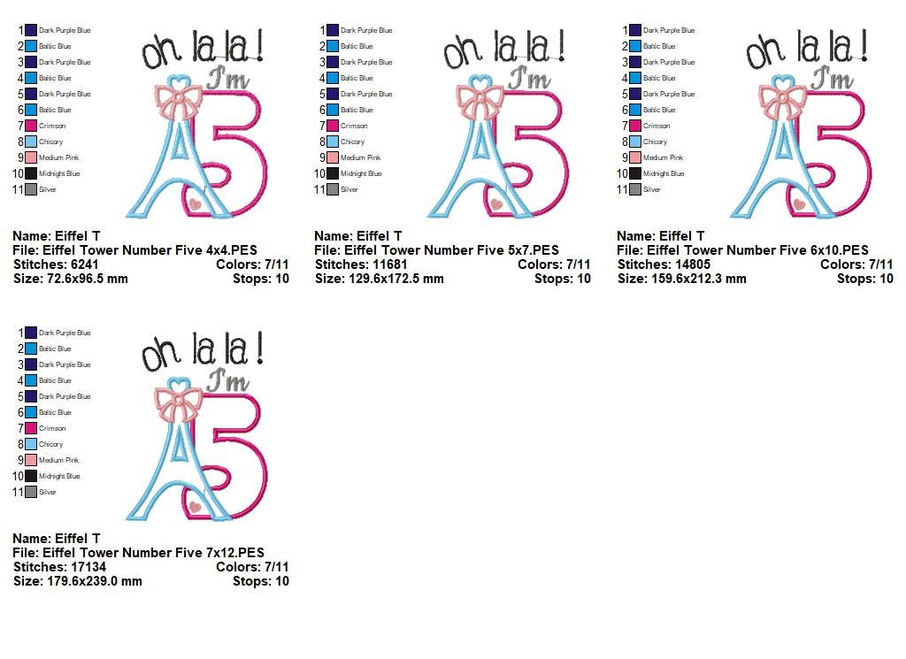 Oh La La Eiffel Tower Number Five - Appliqué - Machine Embroidery Design